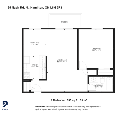 Floor plan for 1 bed, 1 bath, 630 sqft